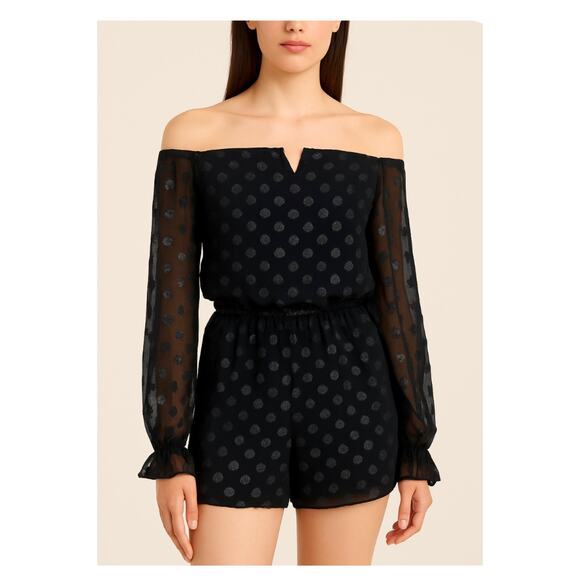 NWT Express Black Metallic Polka Dot Off Shoulder Romper Medium Glam Night Out - Picture 1 of 10